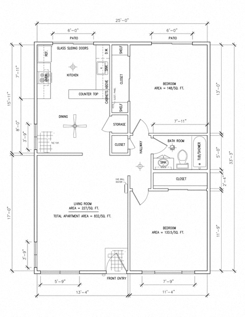 Floor plan for 2 beds, 1 bath, 896 sqft